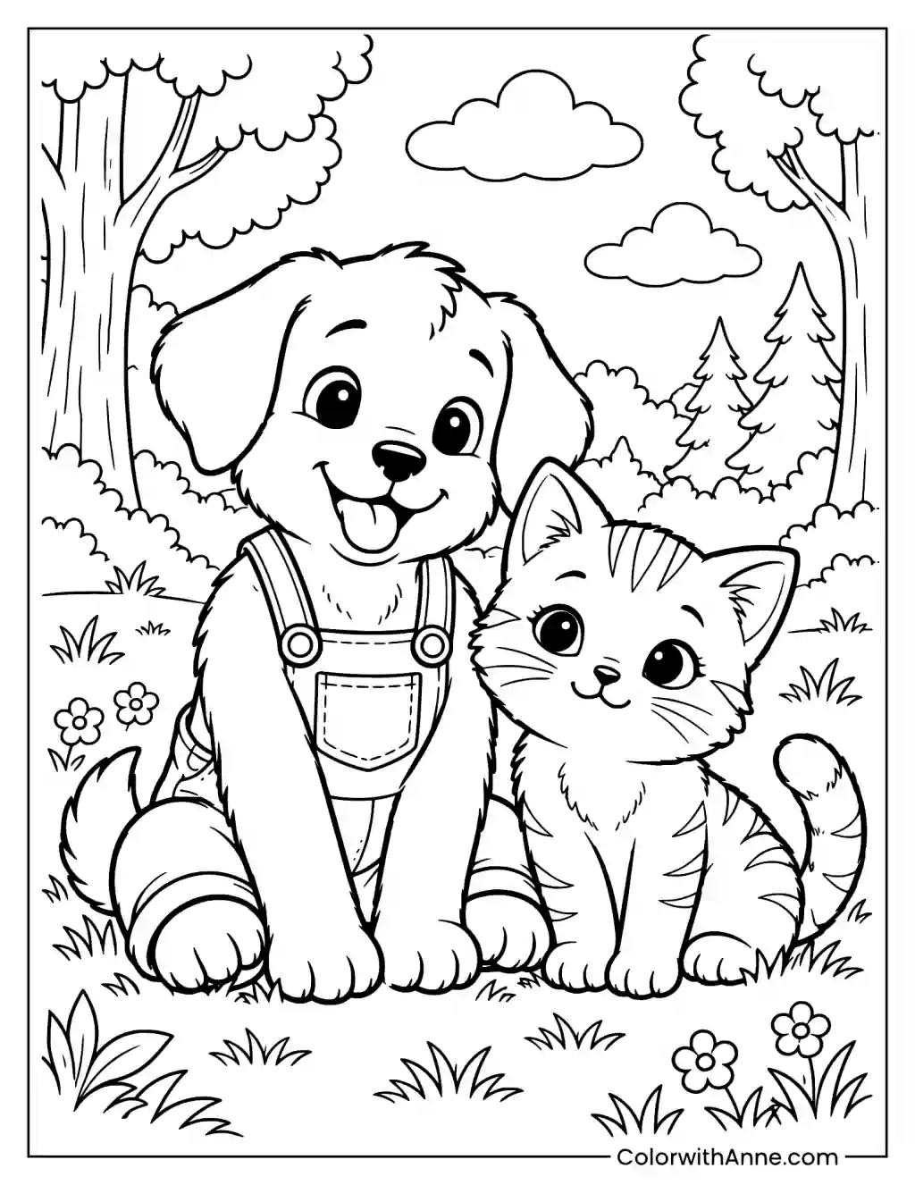 Puppy and Kitty Friends in the Forest Coloring Page