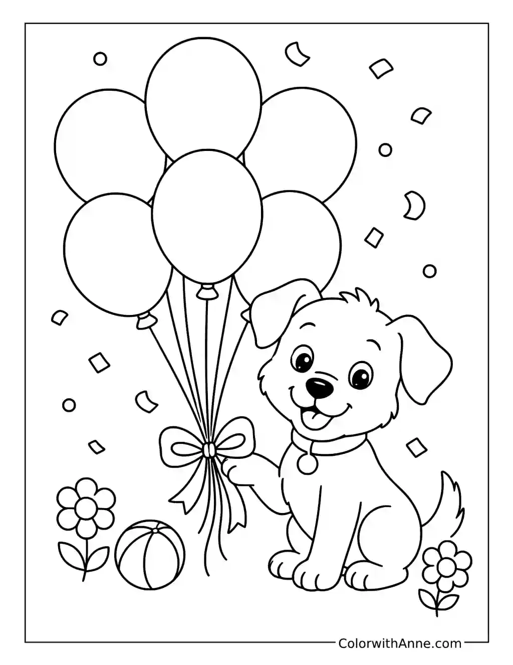 Puppy and Six Cheerful Balloons coloring page