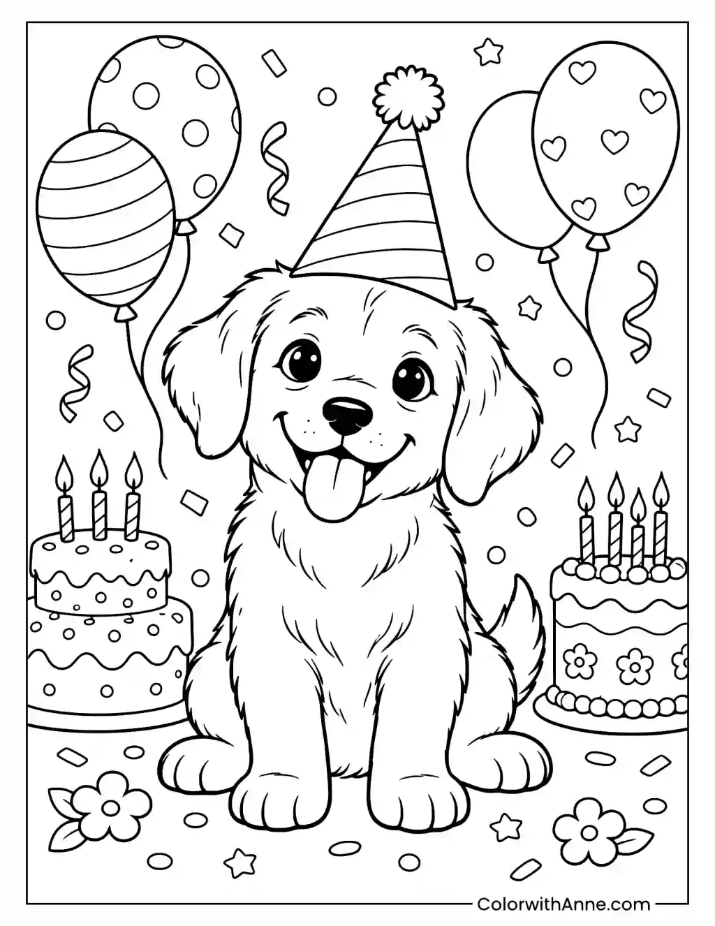 Puppy at a Birthday Party Coloring Page