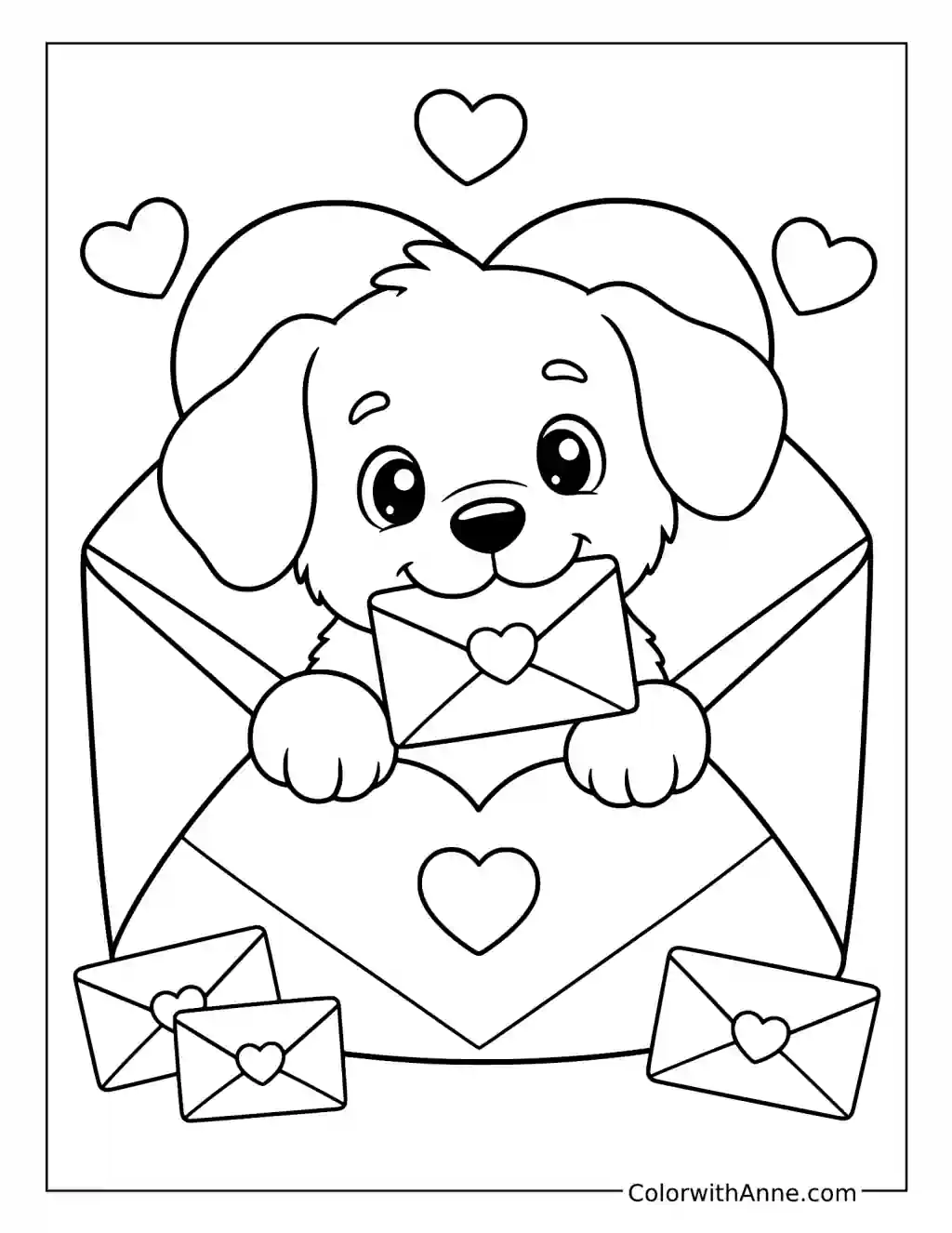 Puppy Delivering Love Letters from an Envelope coloring page