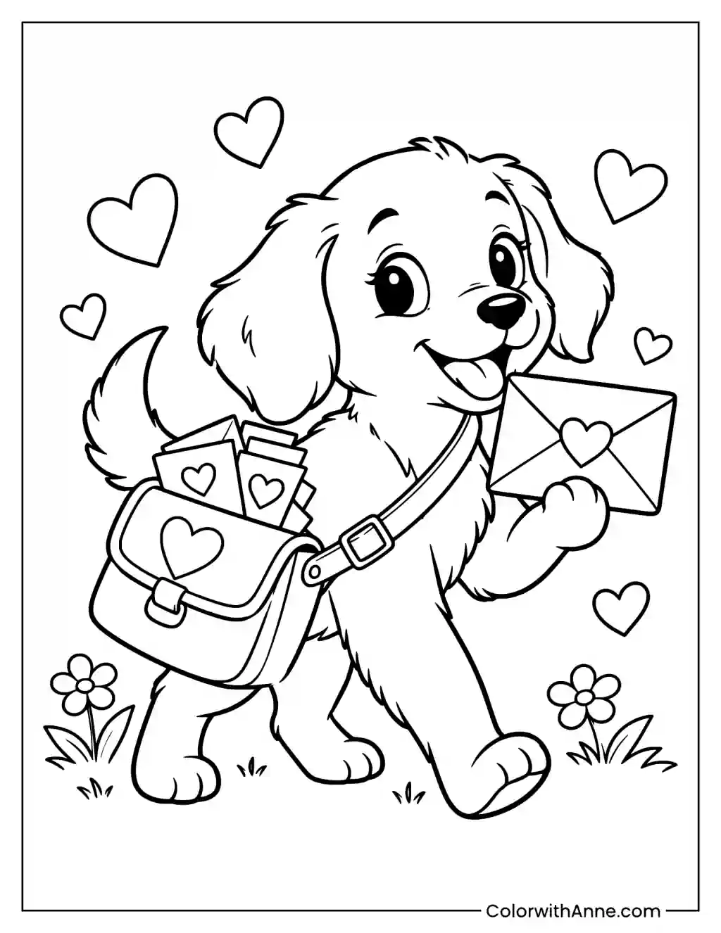 Puppy Delivering Valentine's Cards Coloring Page