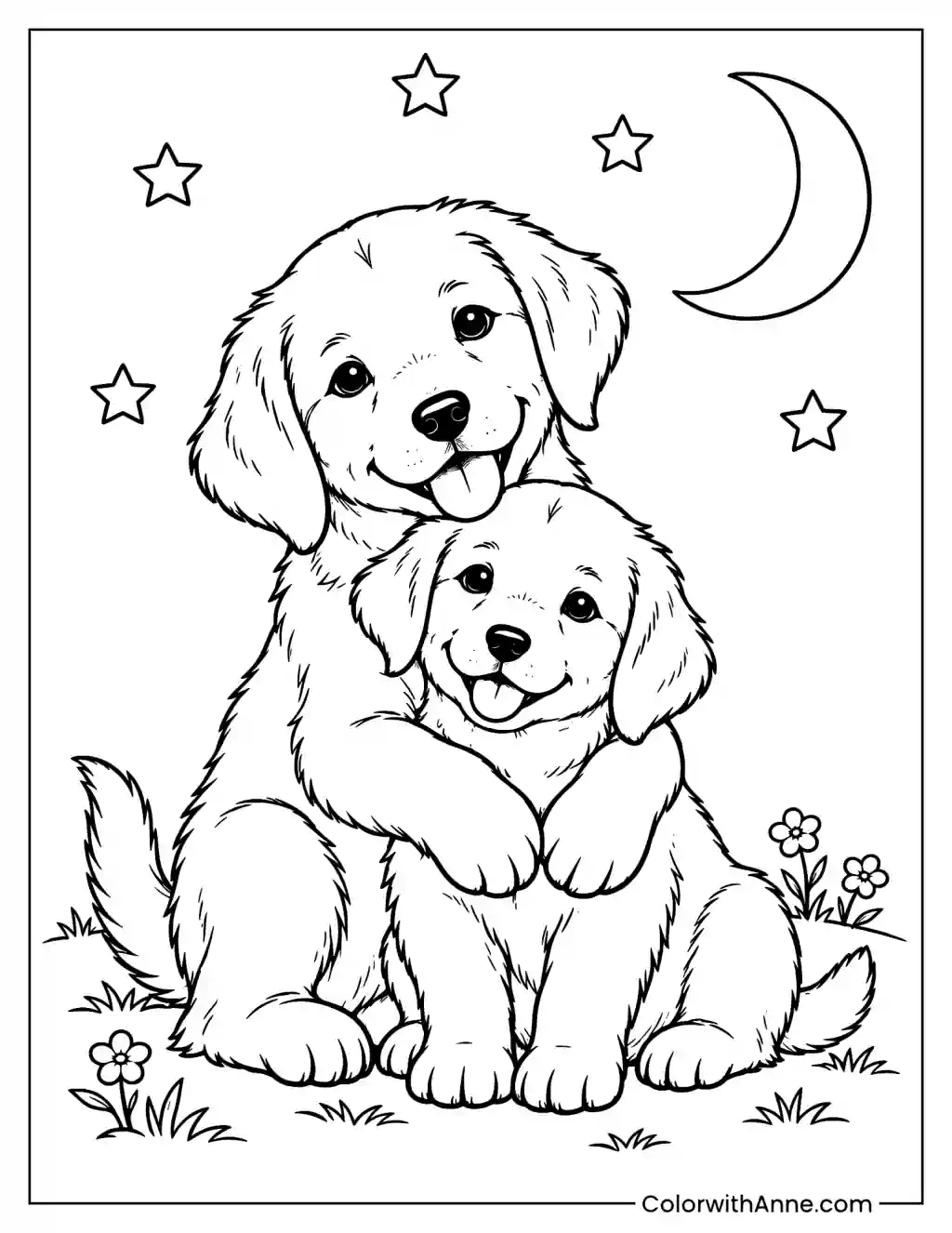 Puppy Family Under the Stars Coloring Page