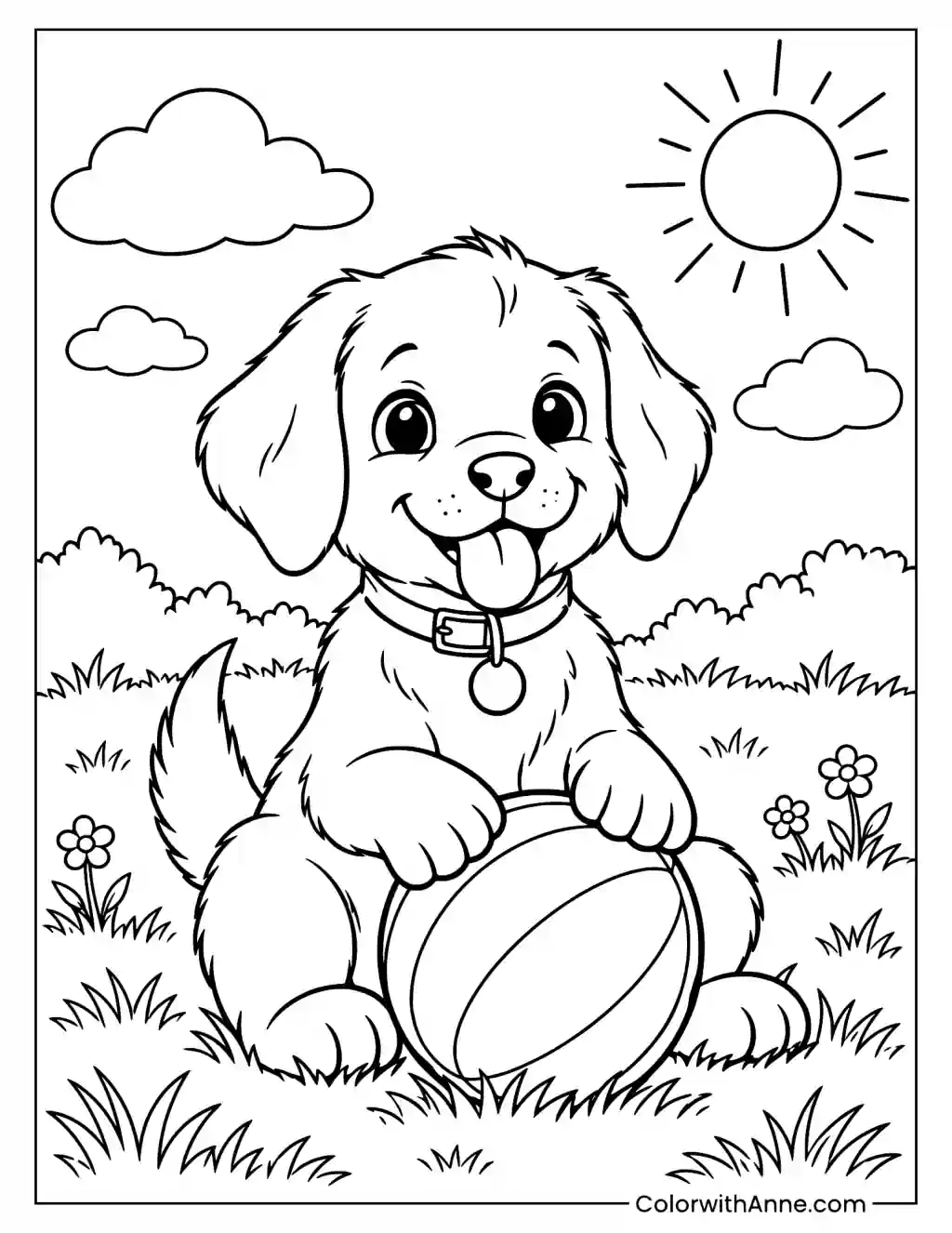 Puppy Holding a Ball on a Sunny Day Coloring Page
