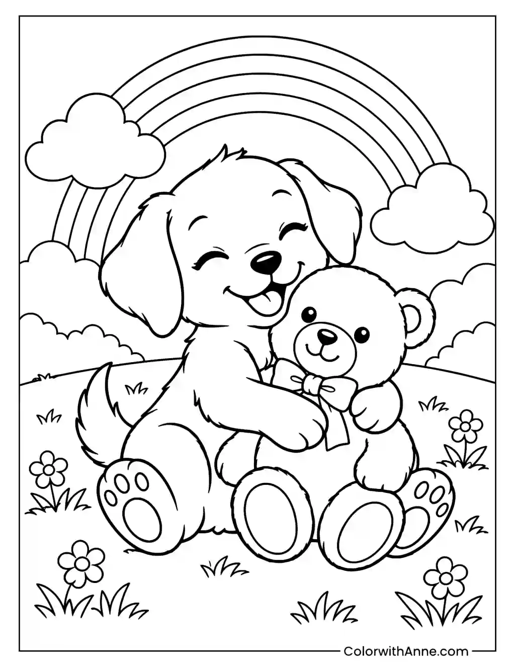 Puppy Hugging a Teddy Bear Coloring Page