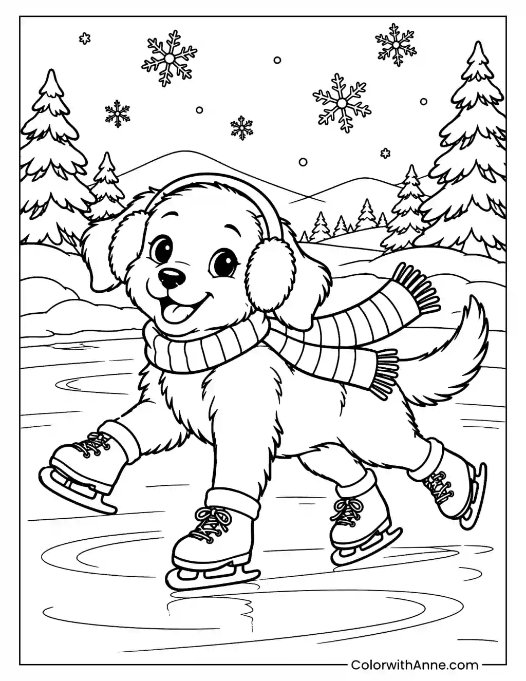 Puppy Ice Skating on a Frozen Lake Coloring Page