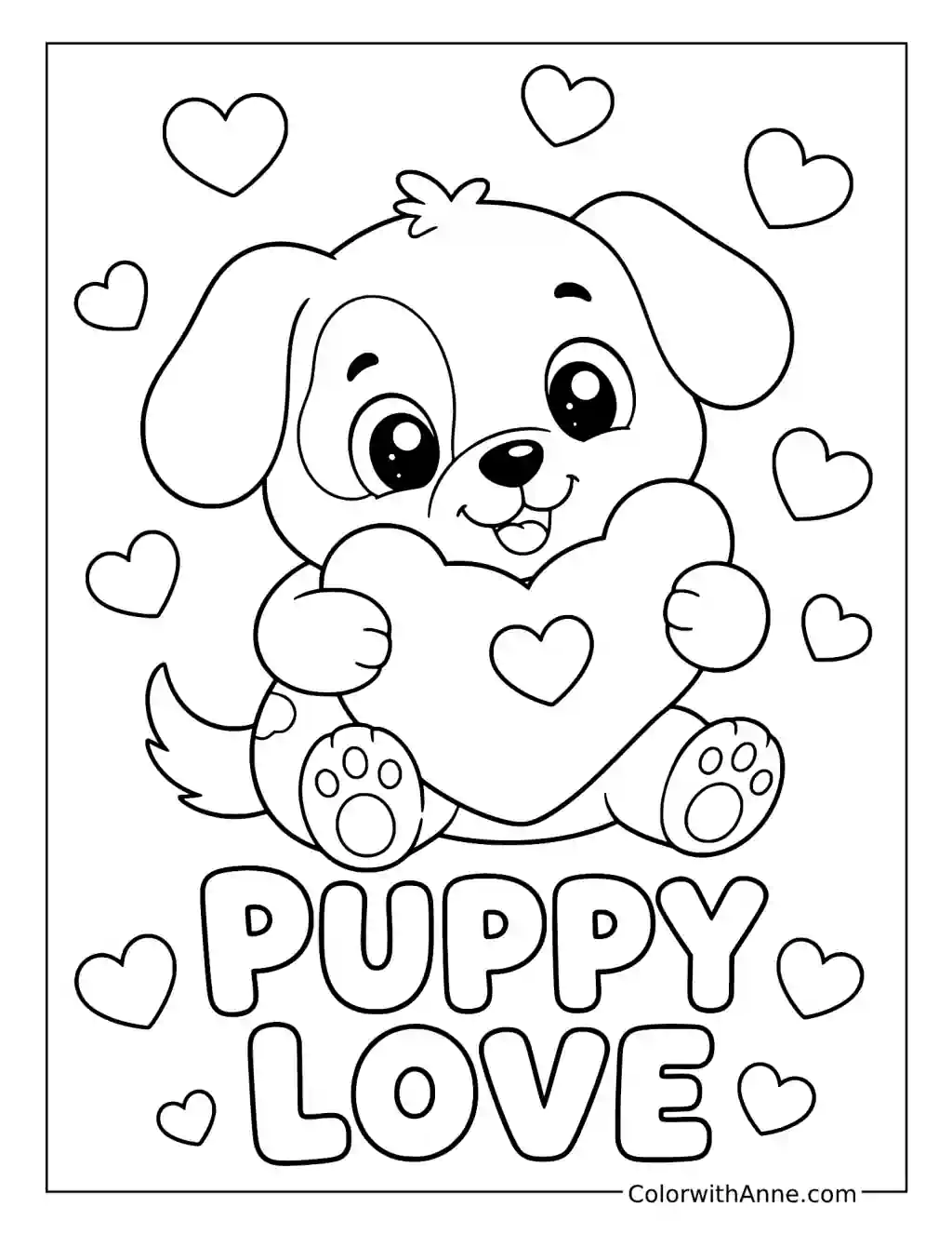 Puppy Love with a Heart-Holding Puppy coloring page
