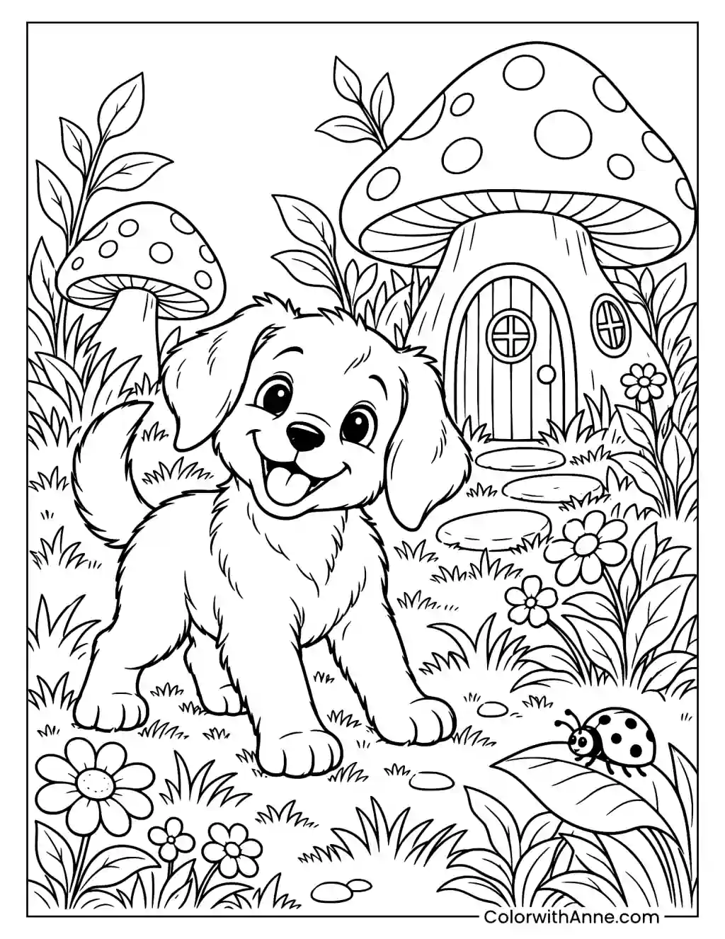 Puppy Playing in a Magical Garden Coloring Page