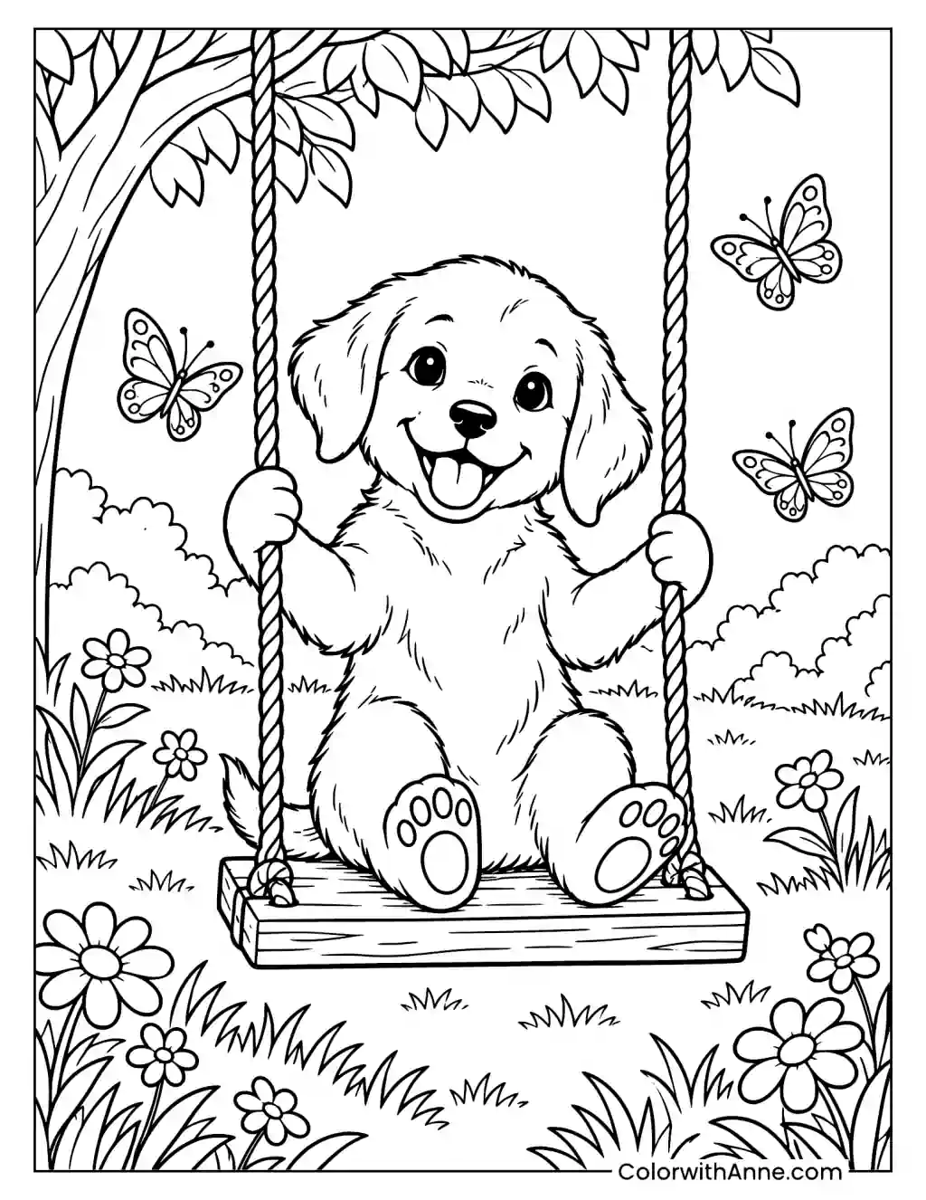 Puppy Playing on a Swing Set Coloring Page