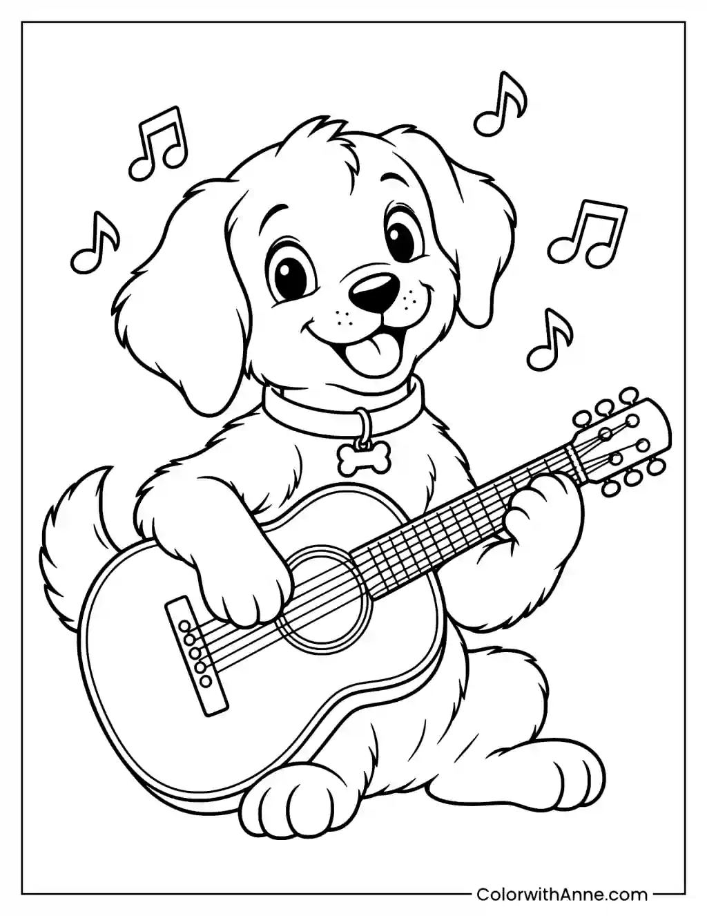 Puppy Playing the Guitar Coloring Page