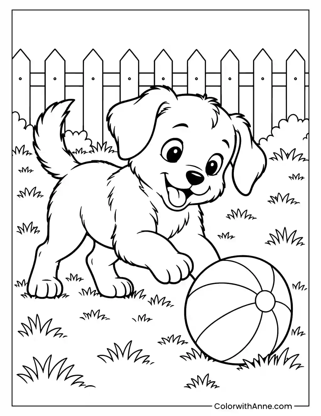 Puppy Playing with a Ball in the Backyard Coloring Page