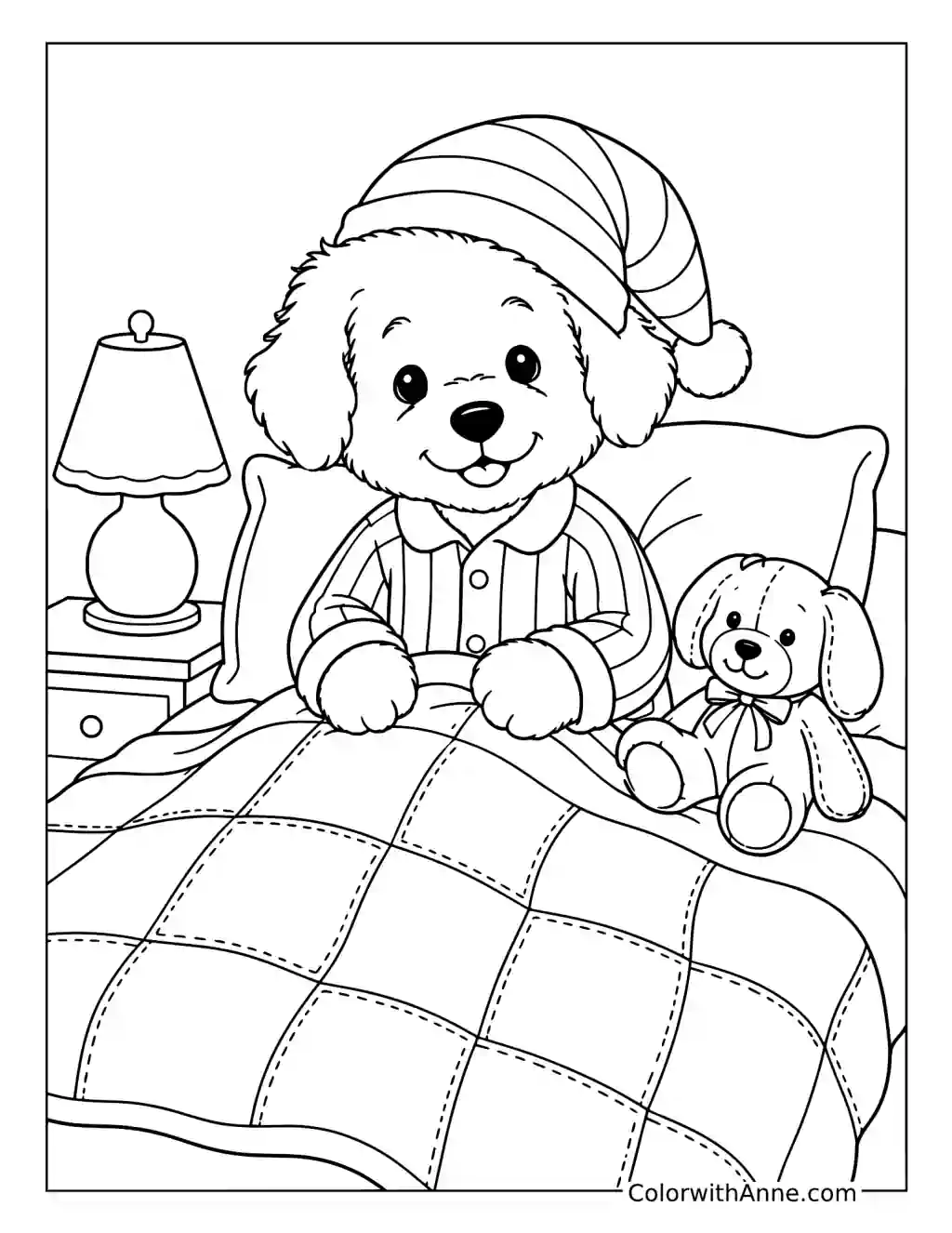 Puppy's Cozy Bedtime coloring page