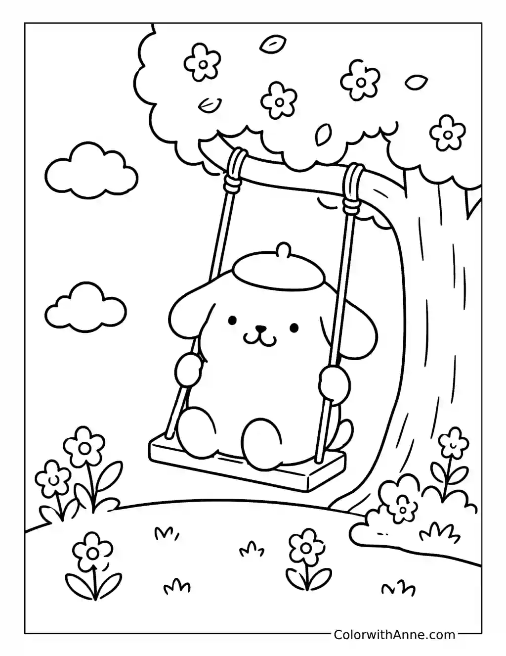 Puppy Swing Beneath the Flowering Tree coloring page