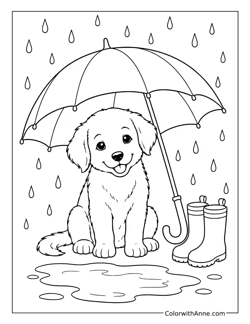 Puppy Under a Rainy Umbrella coloring page