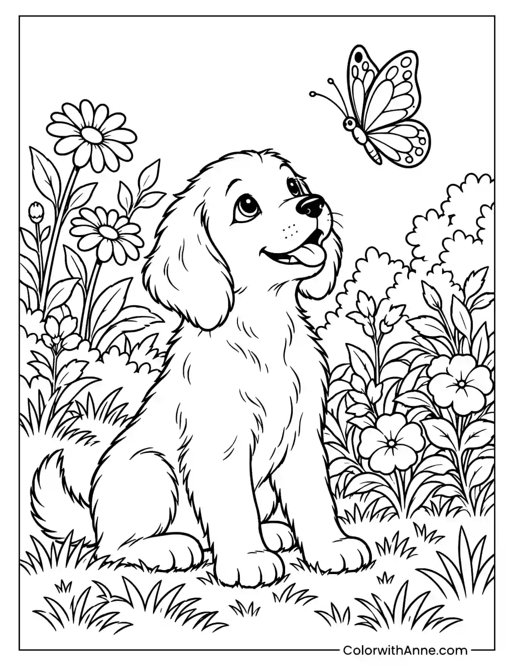 Puppy Watching Butterflies in a Garden Coloring Page