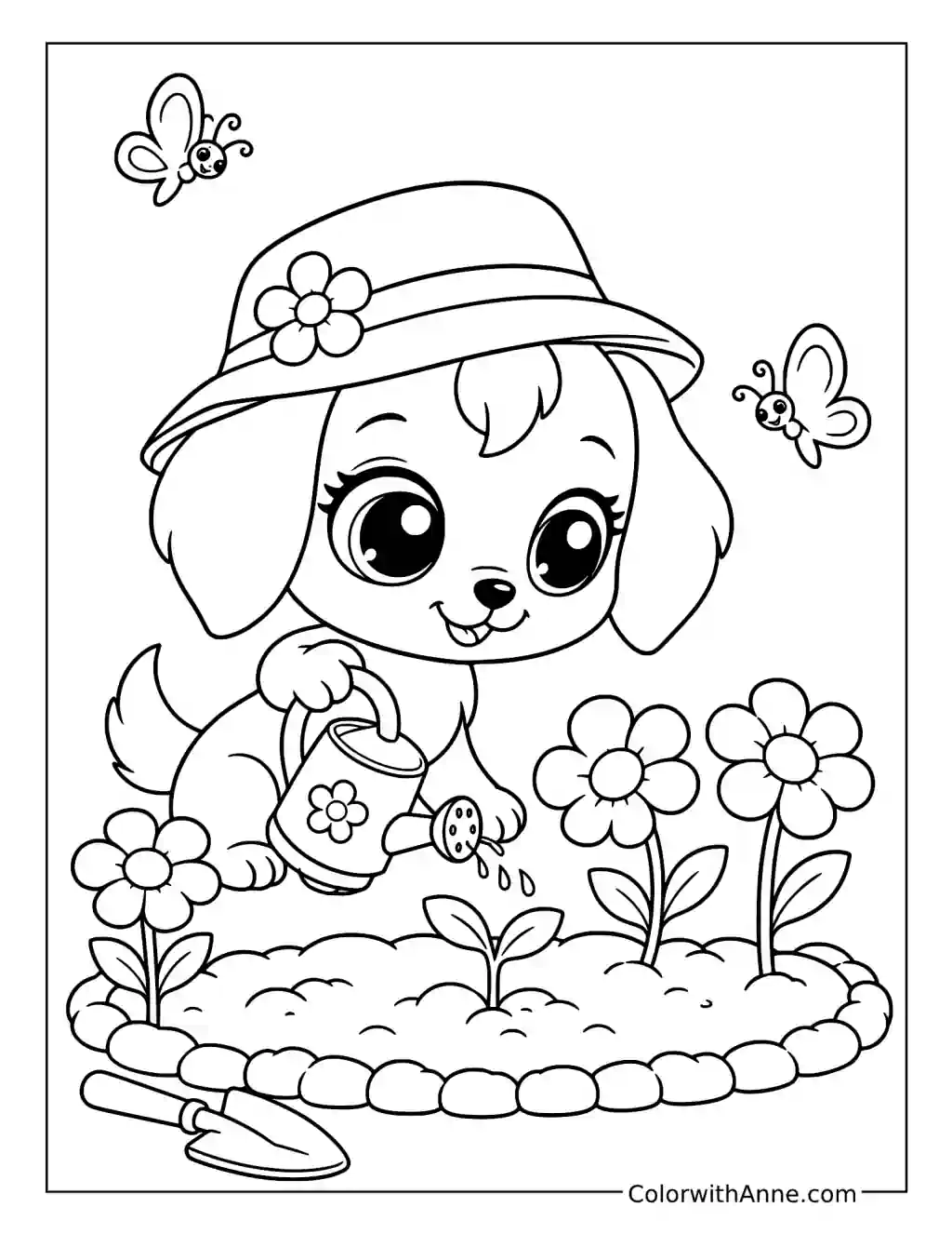 Puppy Watering the Flower Garden coloring page