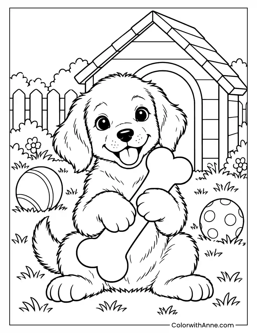 Puppy with a Bone and Doghouse Coloring Page