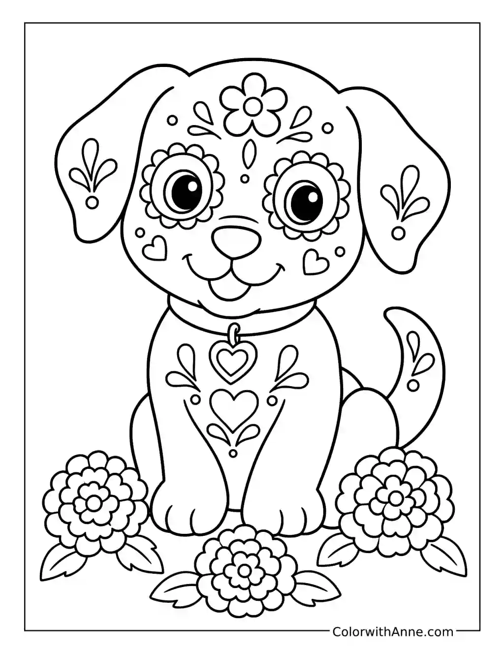 Puppy with Sugar Skull Face Paint and Marigolds coloring page