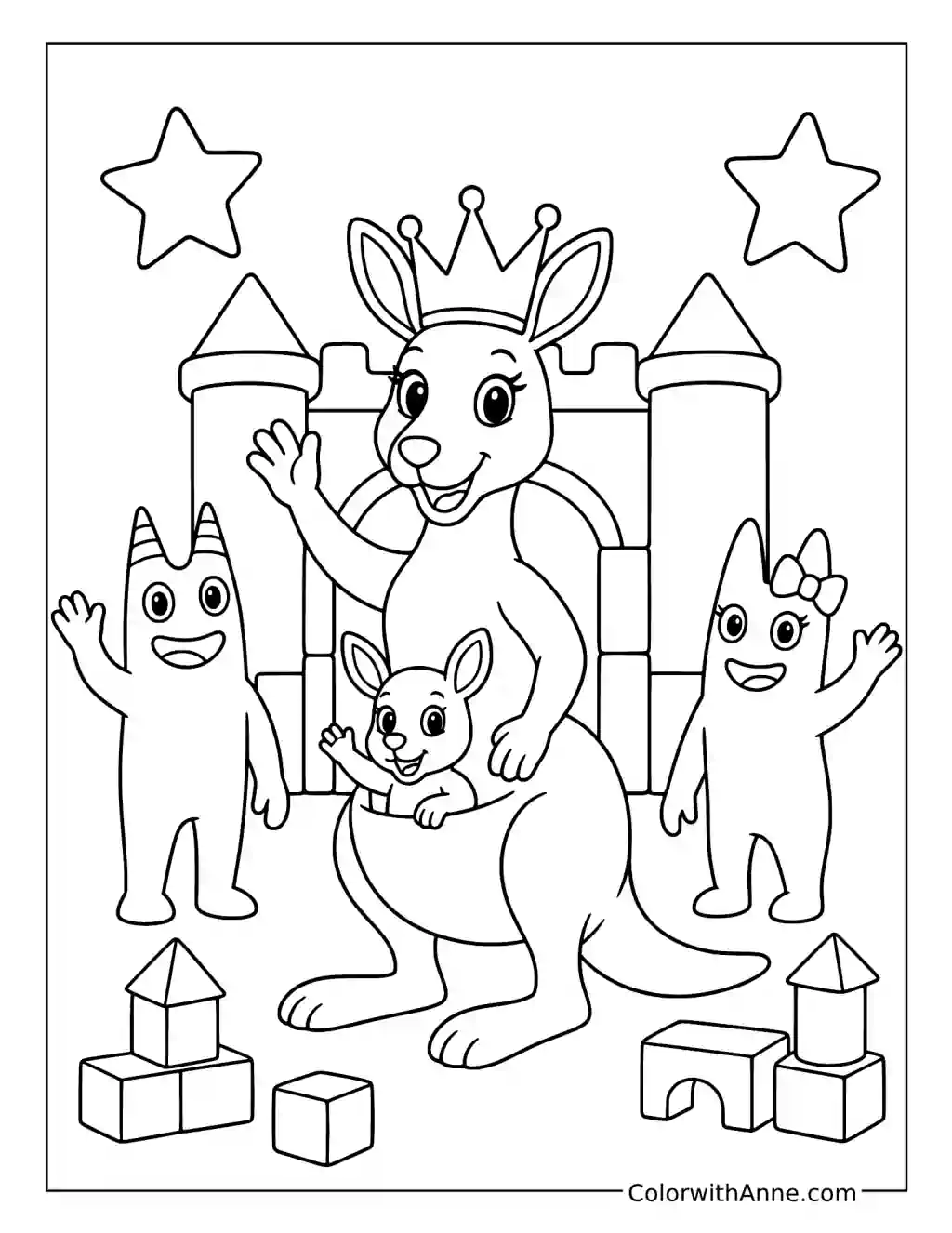 Queen Bouncelia with Banban and Banbaleena at a Castle coloring page