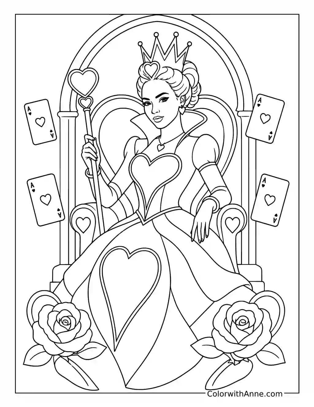 Queen of Hearts on Her Throne coloring page
