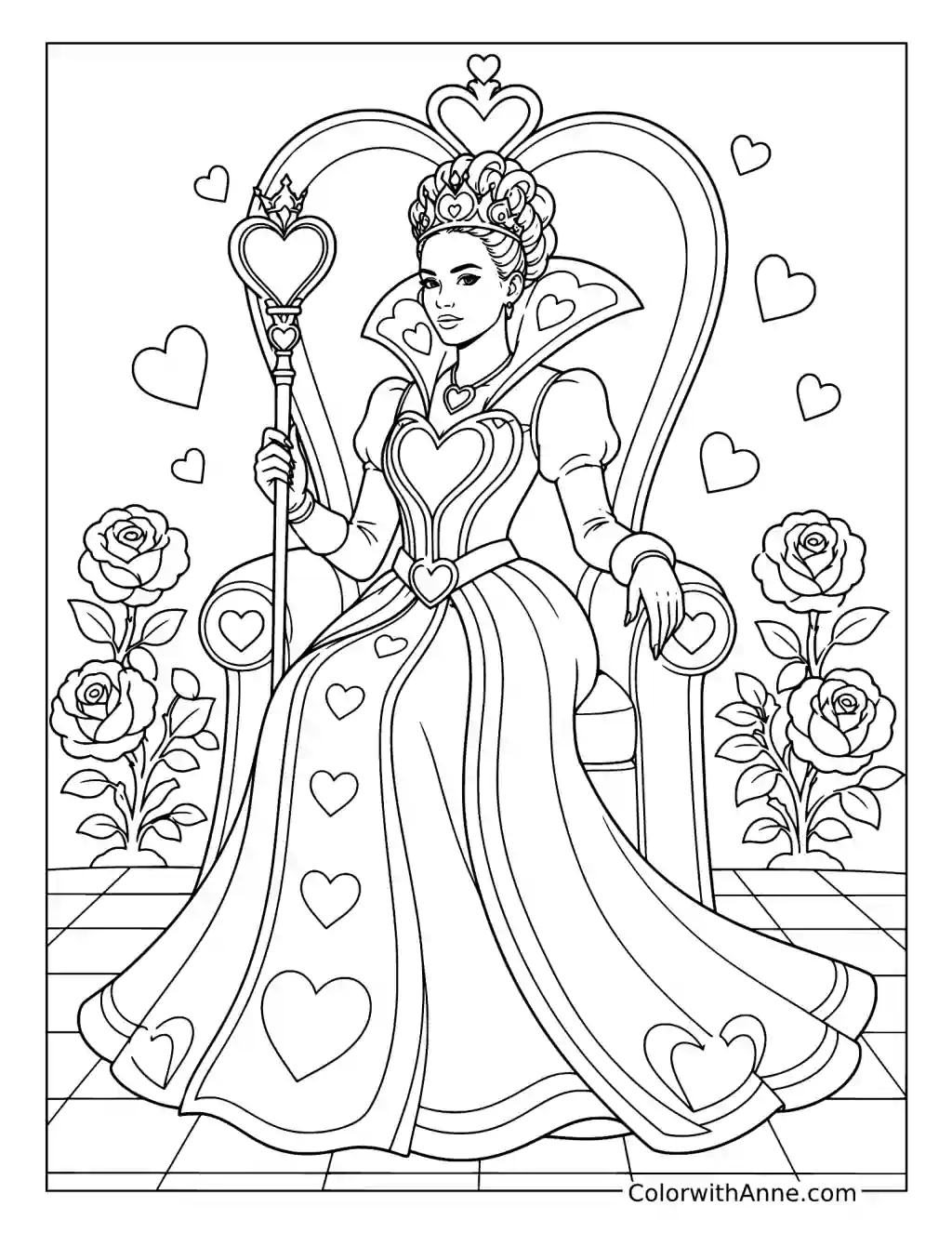 Queen of Hearts with Her Royal Scepter coloring page