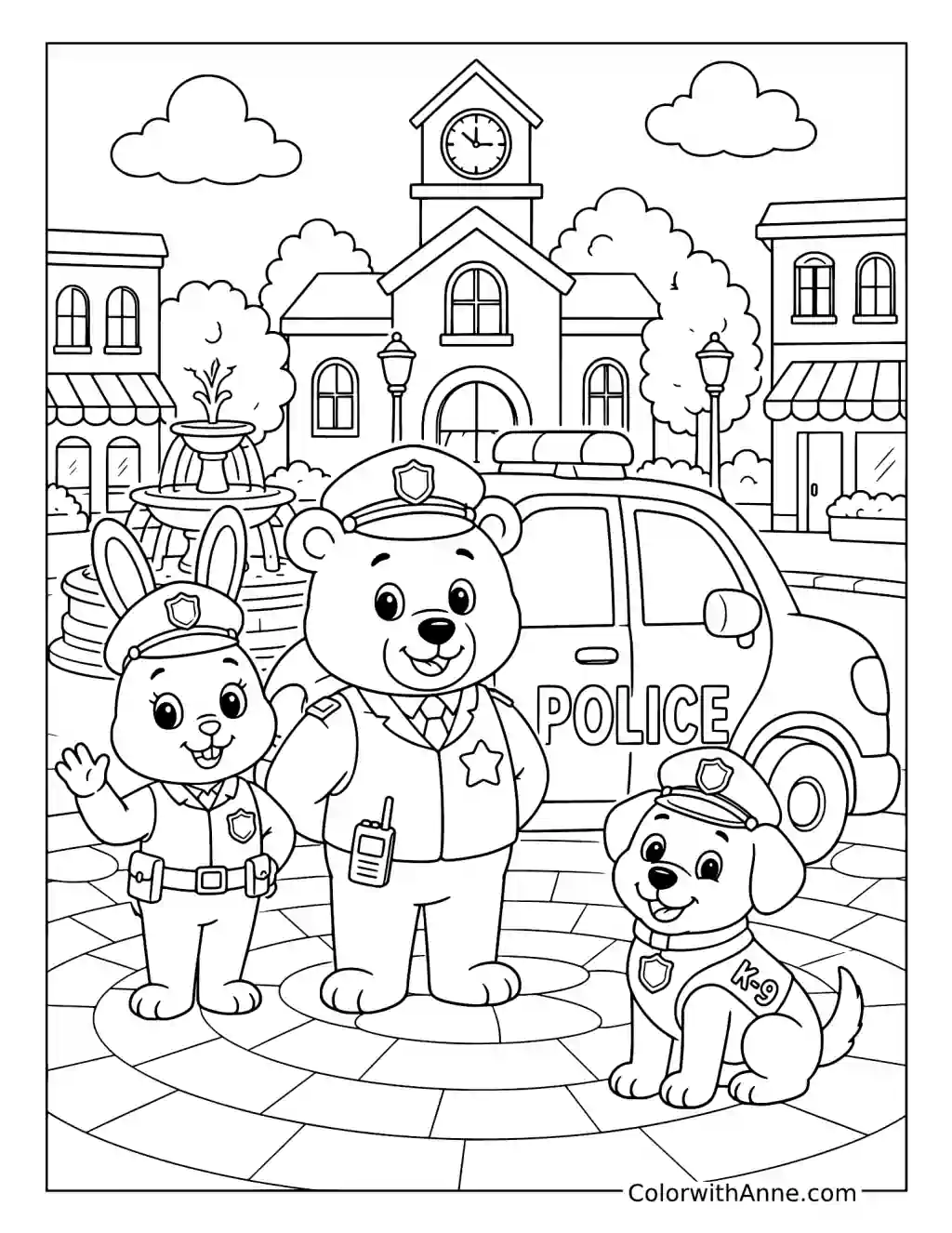 Rabbit and Bear Police Officers with a K-9 Dog coloring page