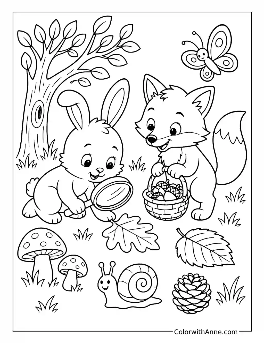 Rabbit and Fox Exploring Autumn Leaves and Acorns coloring page