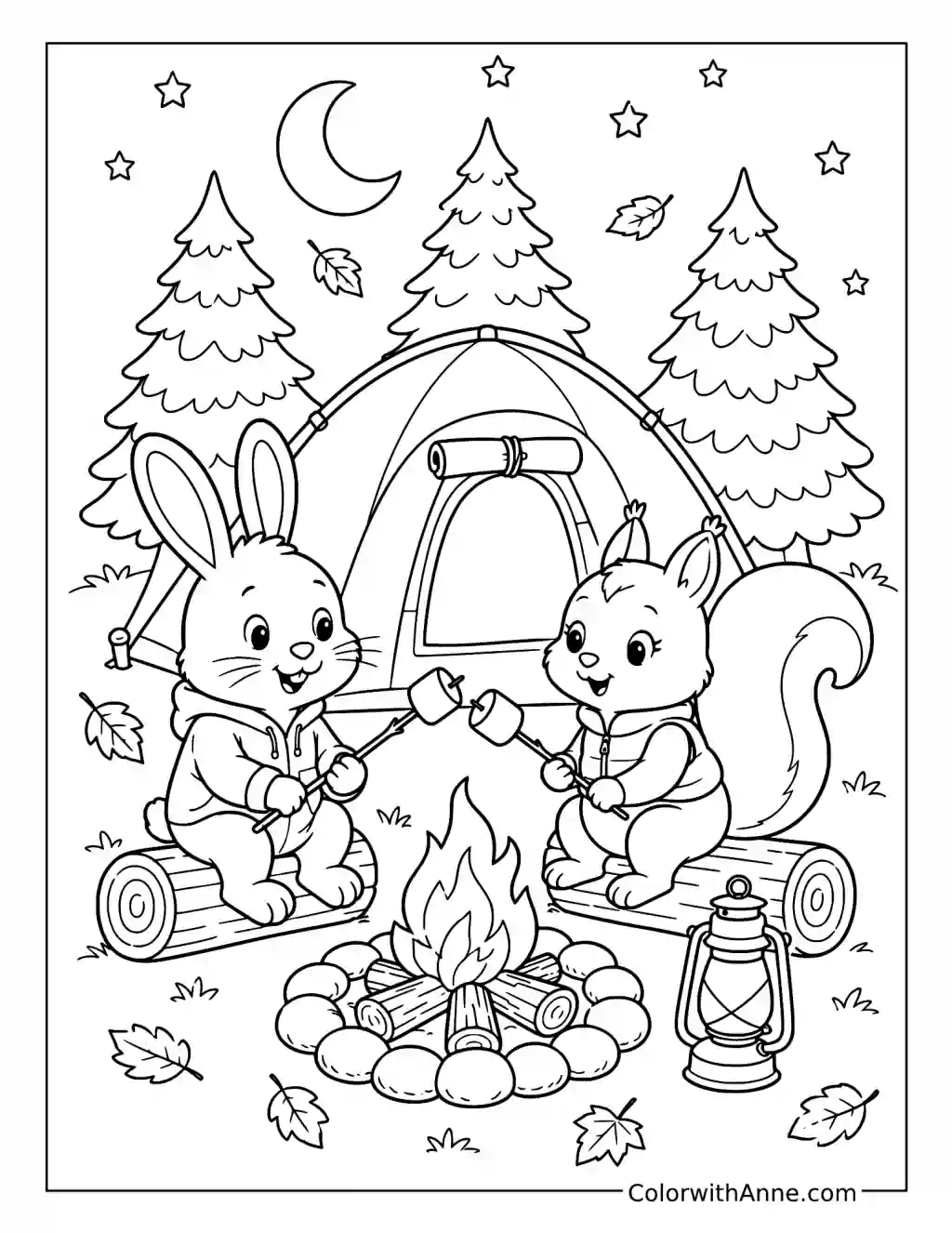 Rabbit and Squirrel Roasting Marshmallows at an Autumn Camp coloring page