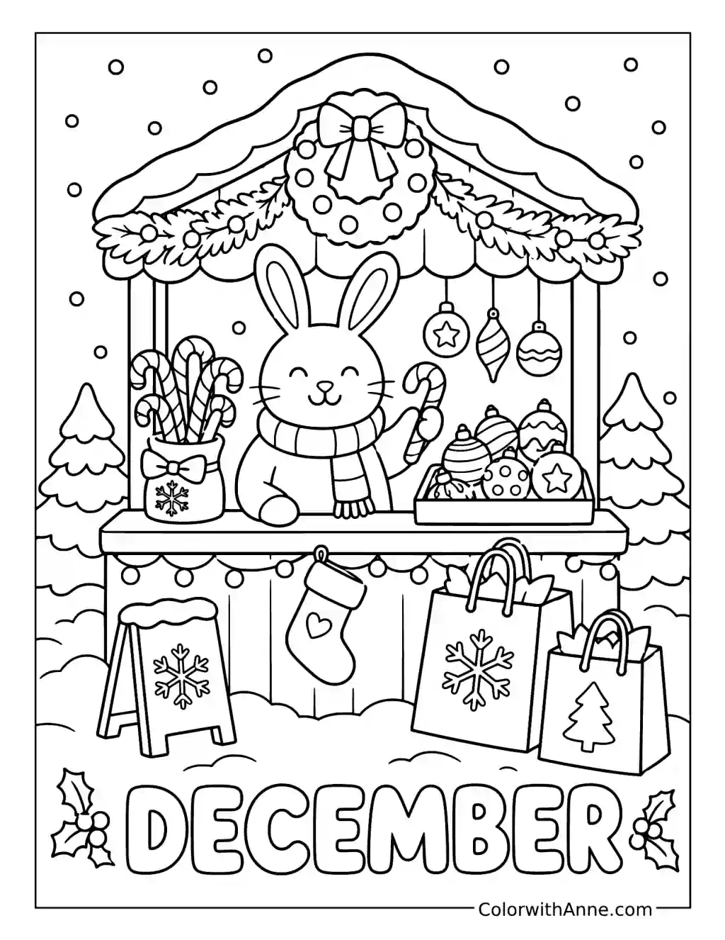 Rabbit at a Winter Holiday Market coloring page