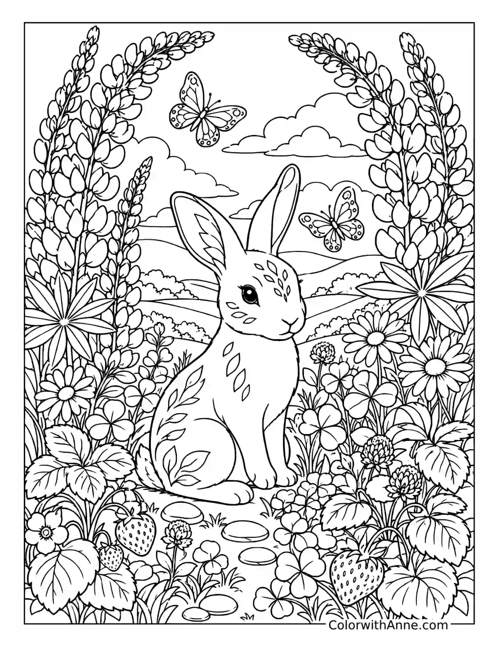 Rabbit in a Lupine and Strawberry Meadow coloring page