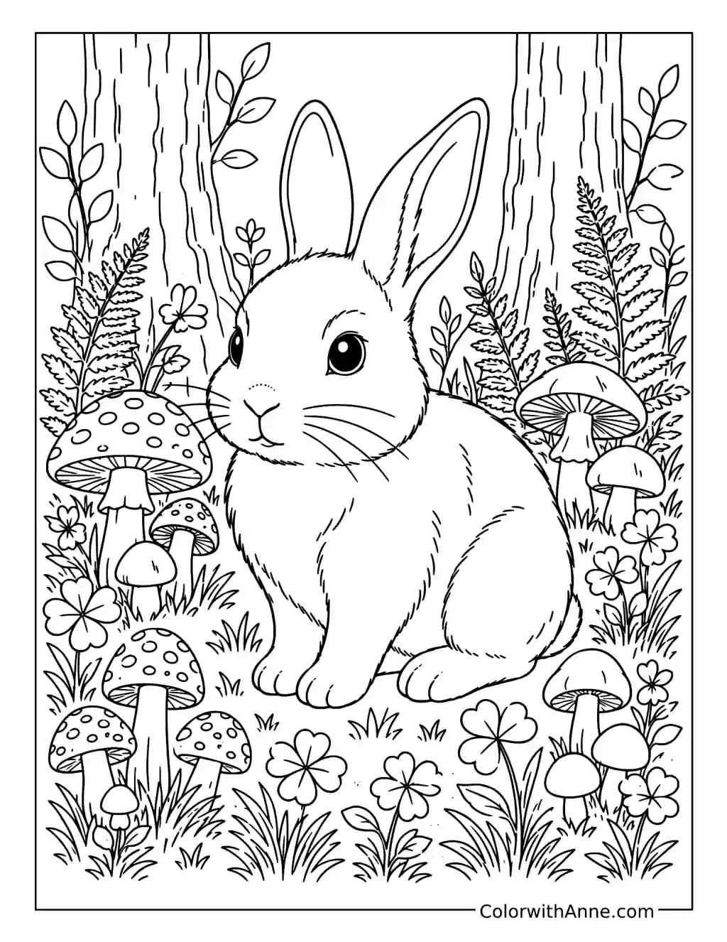Rabbit in a Mushroom Forest coloring page