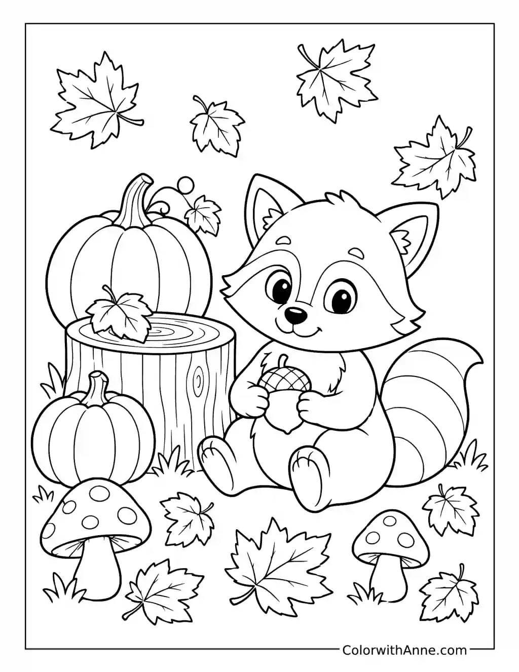 Raccoon Holding an Acorn with Autumn Pumpkins coloring page