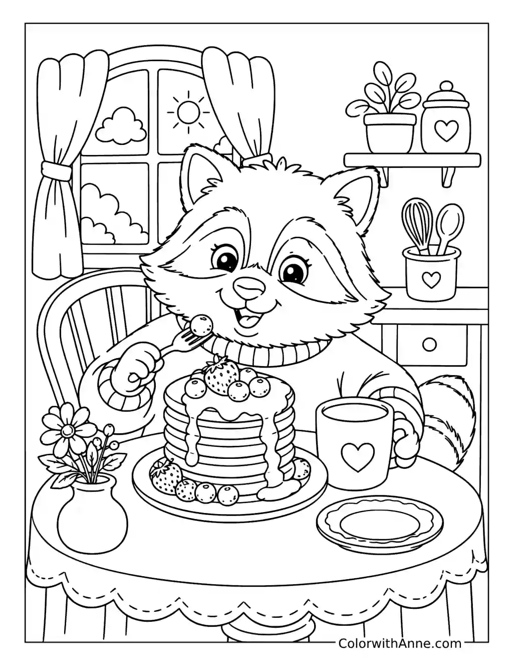 Raccoon's Pancake Breakfast coloring page
