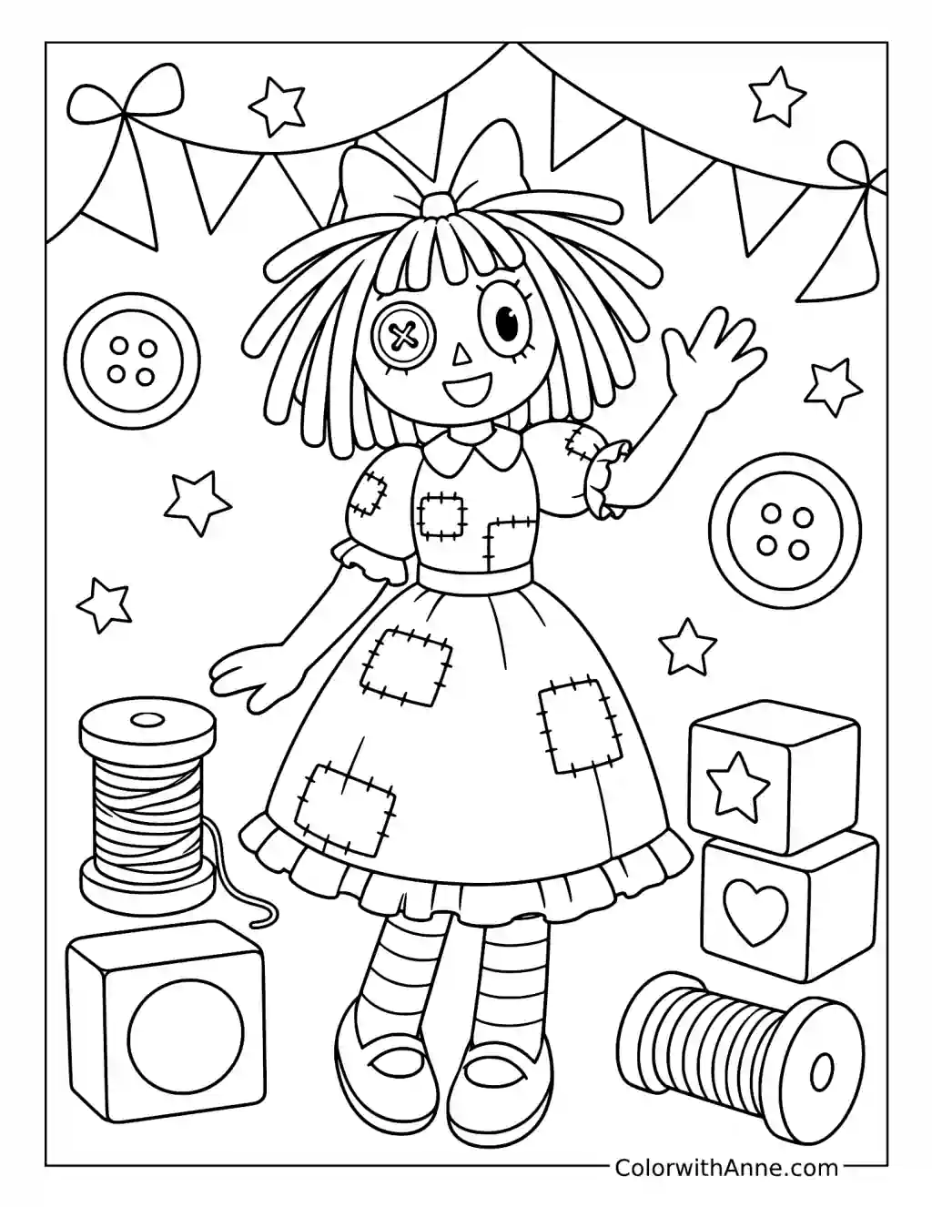 Ragatha Waving Among Sewing Supplies coloring page