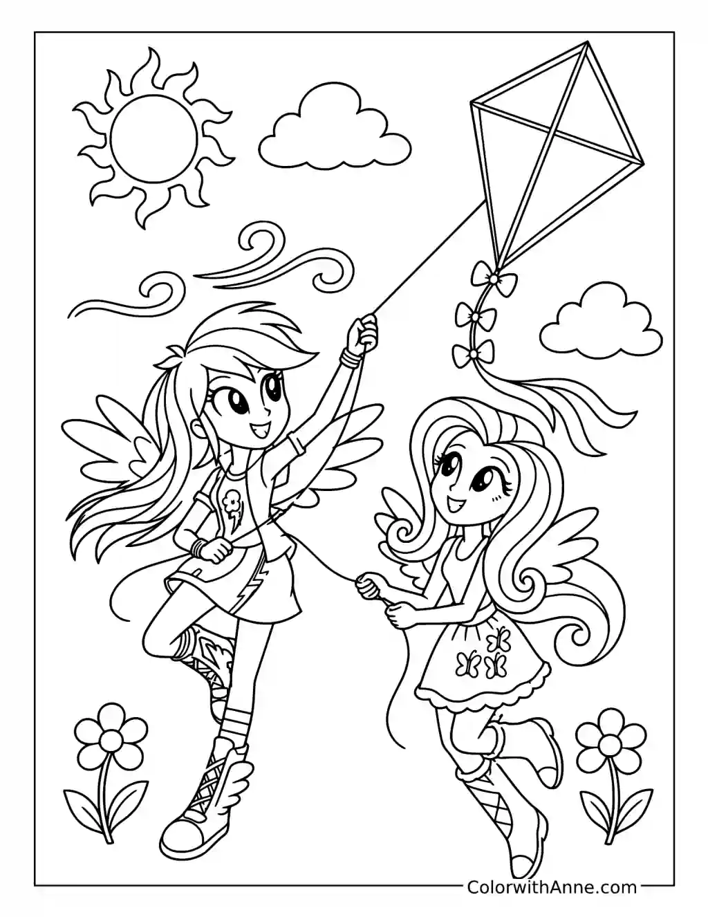 Rainbow Dash and Fluttershy Flying a Kite coloring page