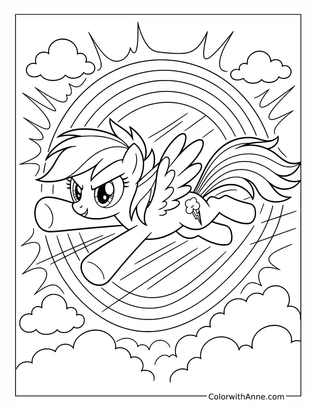 Rainbow Dash Flying over the Clouds coloring page