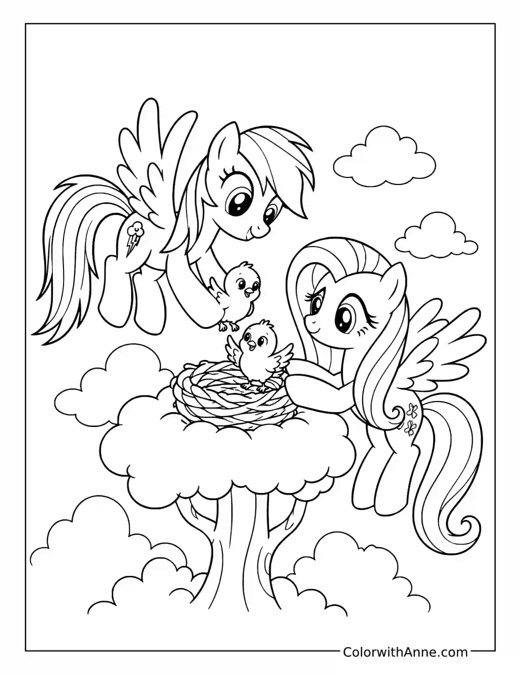 Rainbow Dash Helping Birds with Fluttershy coloring page