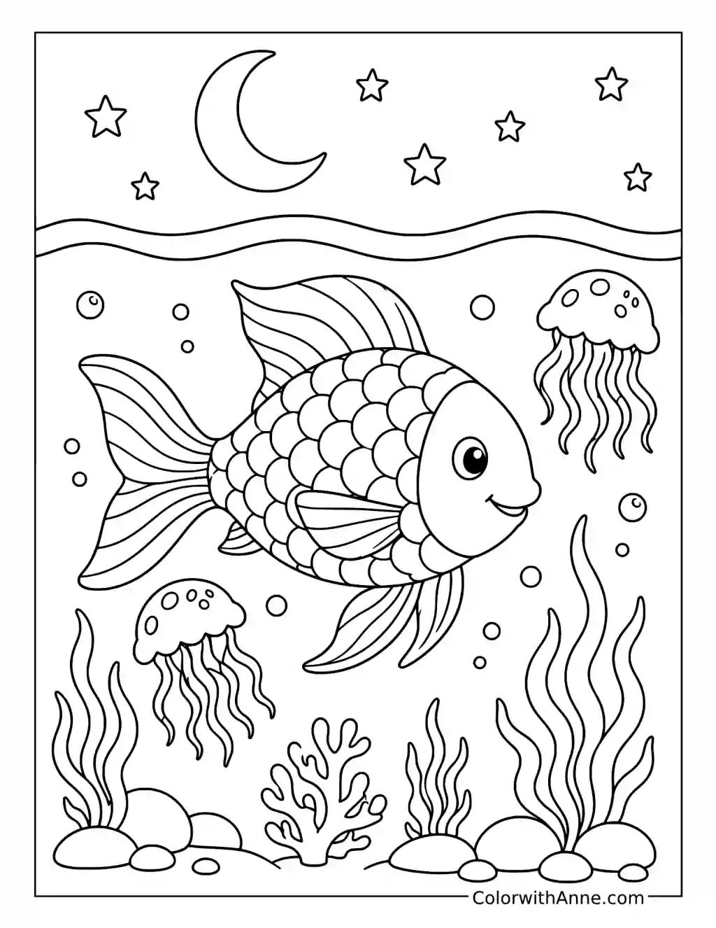 Rainbow Fish Beneath the Starry Sea coloring page