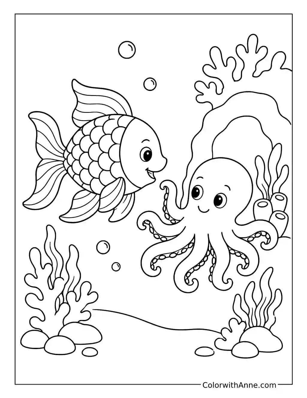 Rainbow Fish Meets a Friendly Octopus coloring page