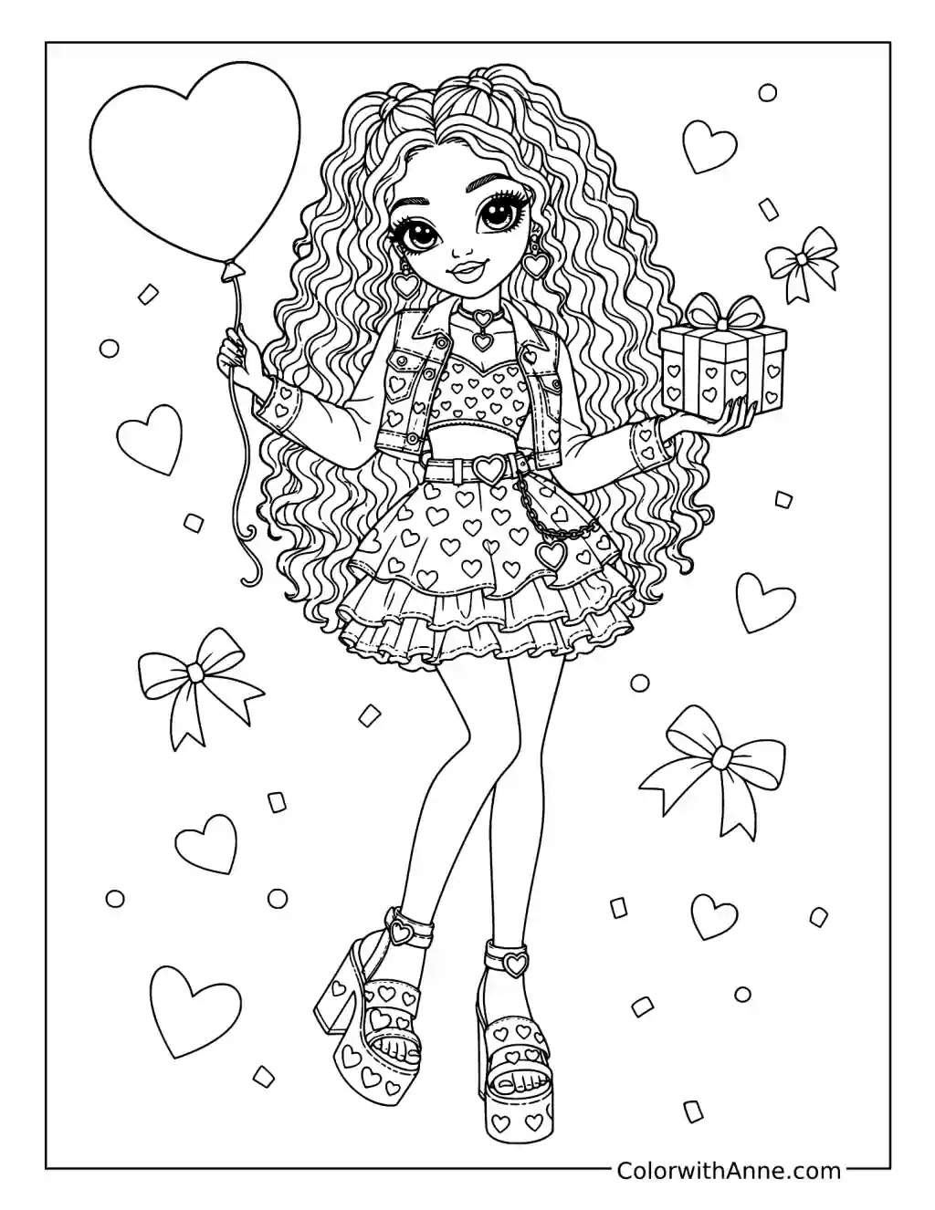 Rainbow High Celebration with a Heart Balloon and Gift coloring page