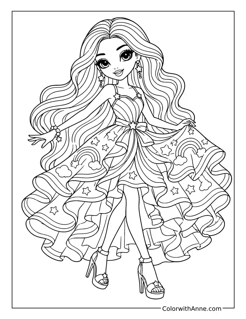 Rainbow High Fashion with a Rainbow and Star Dress coloring page