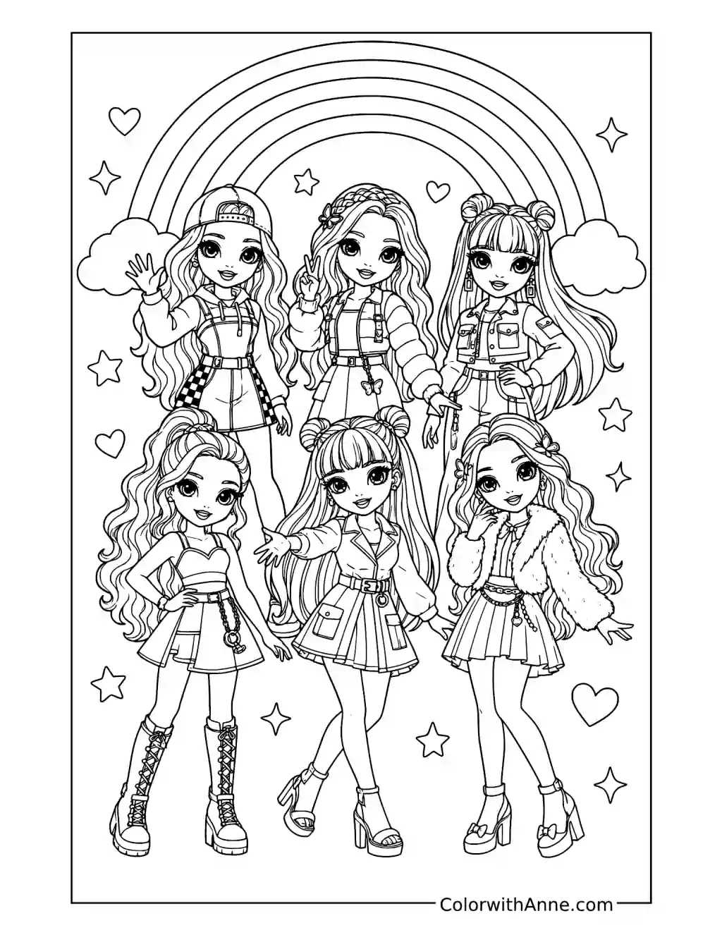 Rainbow High Friends beneath a Rainbow coloring page
