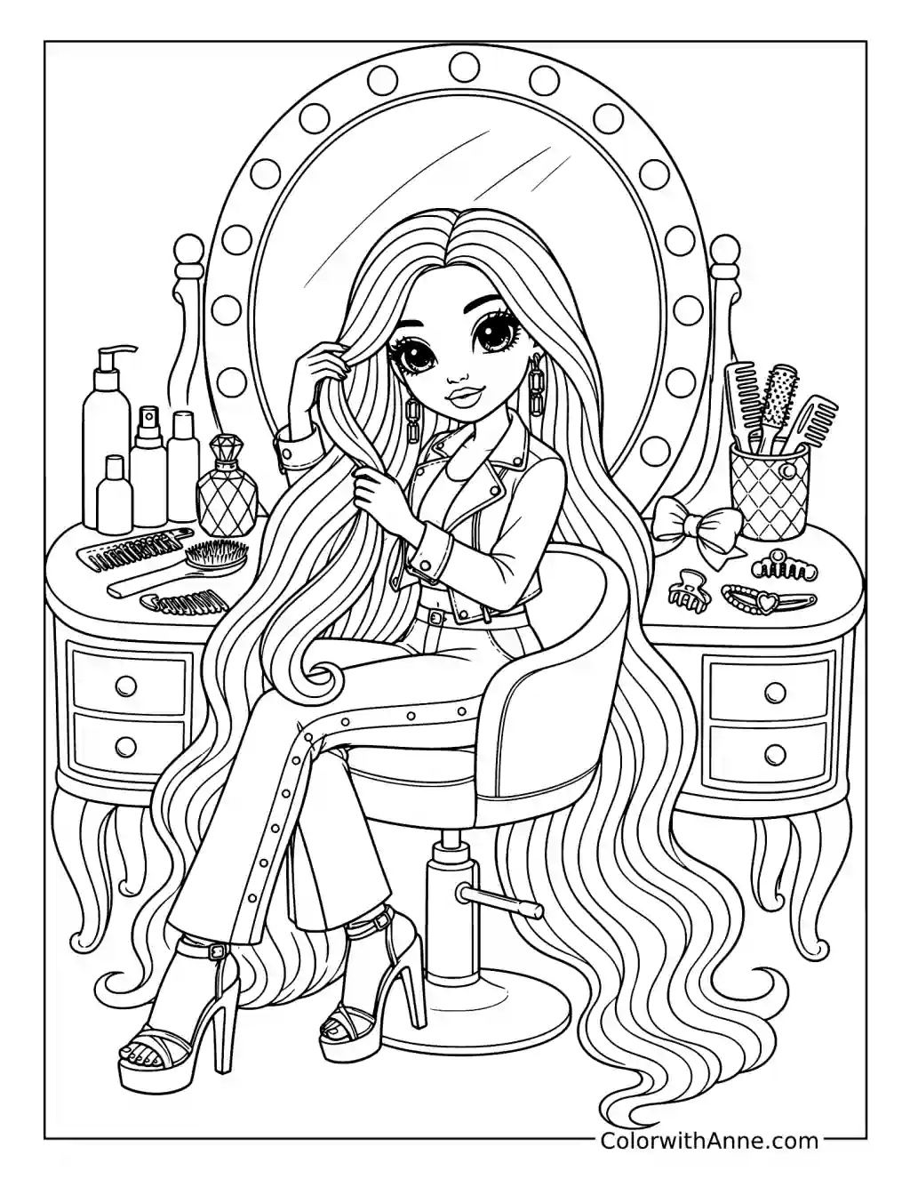 Rainbow High Hair Styling at a Vanity coloring page