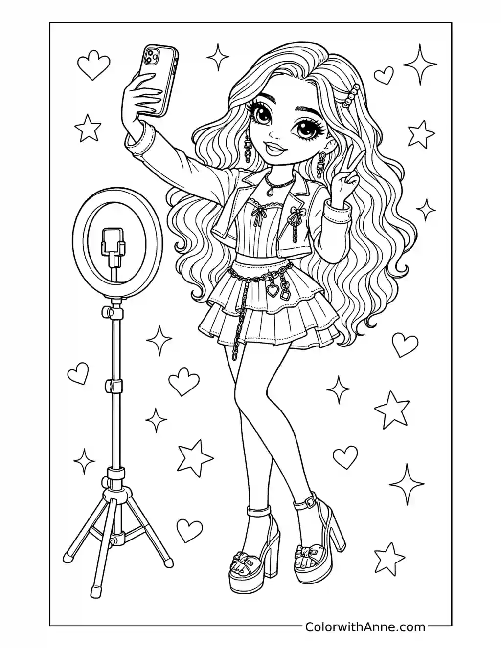 Rainbow High Selfie Session with a Ring Light coloring page