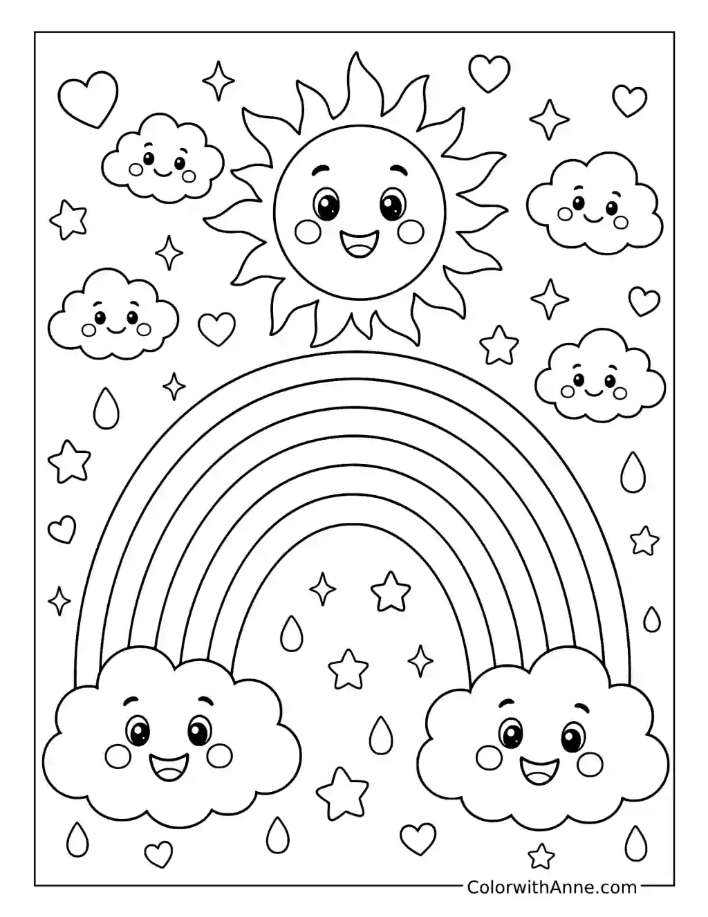 Rainbow Sun and Cloud Emojis coloring page