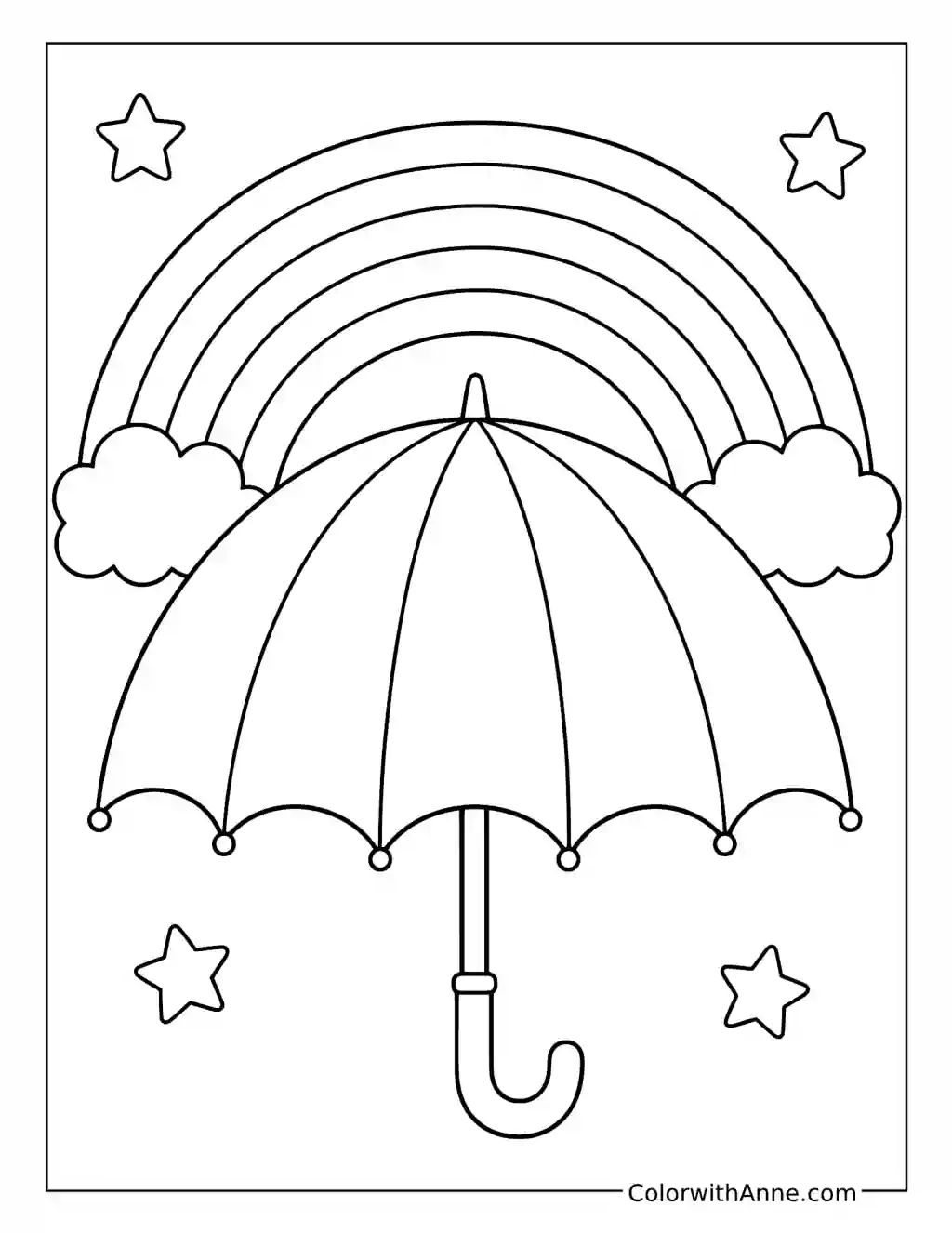 Rainbow Umbrella with Clouds and Stars coloring page