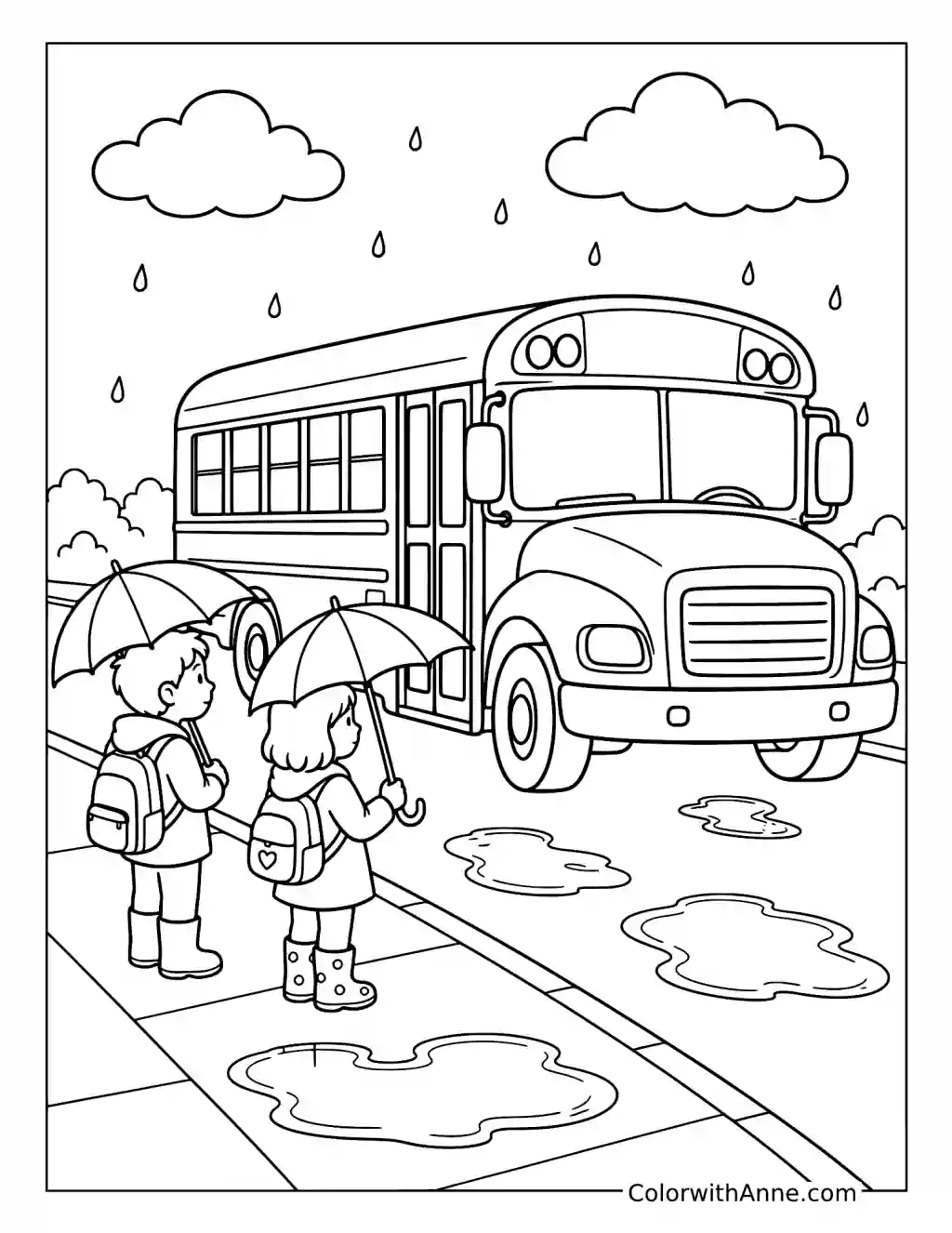 Rainy Day School Bus coloring page