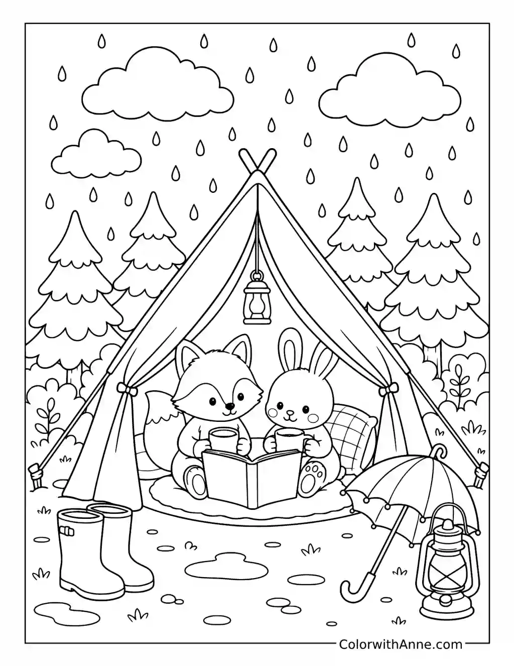 Rainy-Day Tent Reading Friends coloring page