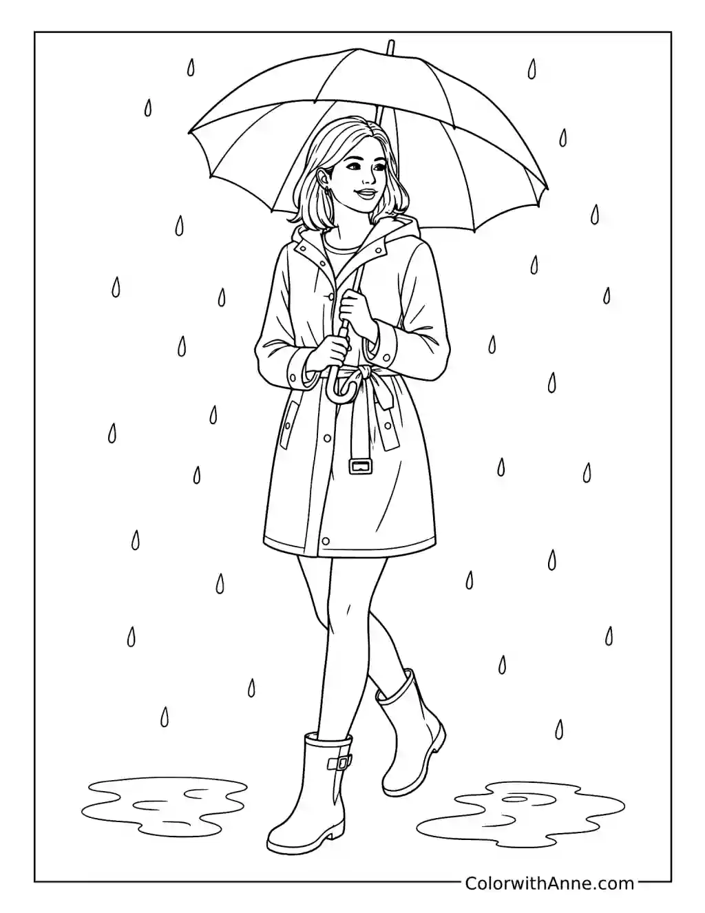 Rainy Stroll with an Open Umbrella coloring page