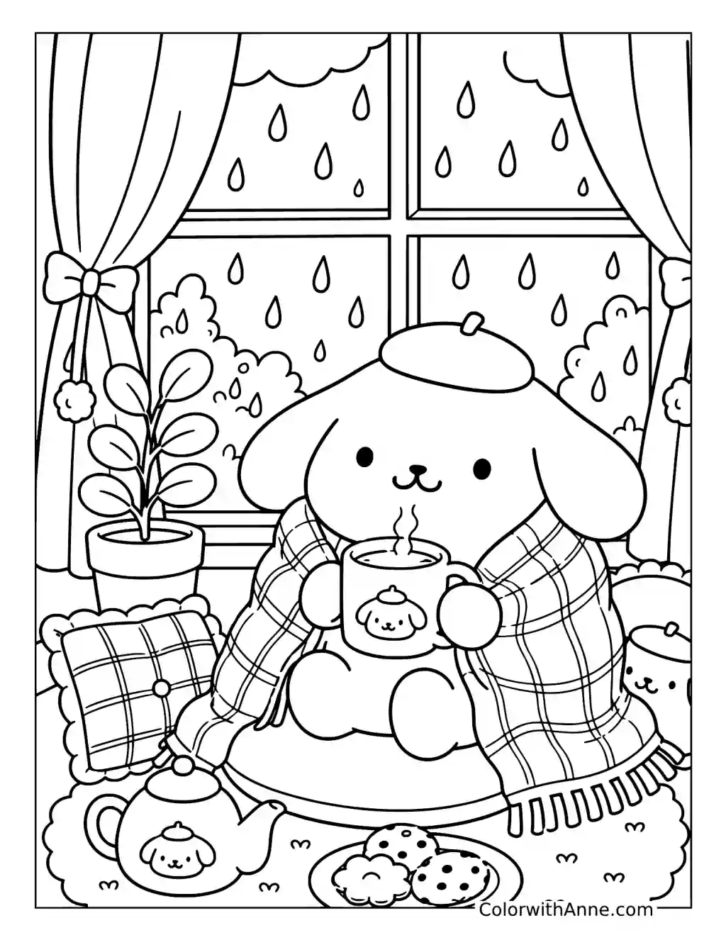 Rainy Window Cozy Tea Time coloring page