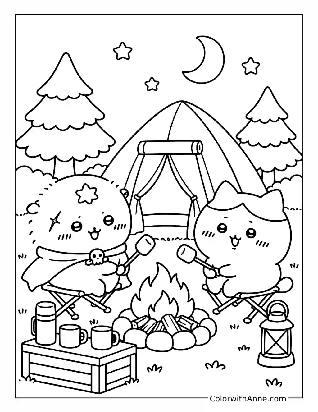 Rakko and Hachiware’s Cozy Campfire Night coloring page